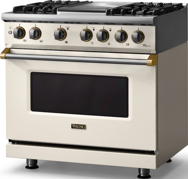 Viking® 5 Series 36" Pure White Pro Style Dual Fuel (NG) Range with Brushed Brass Trim-3