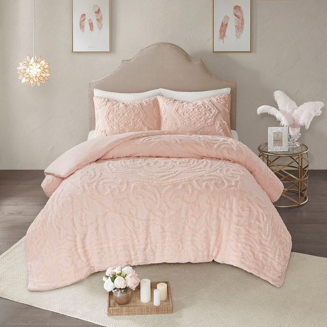 Olliix by Madison Park Blush Twin/Twin XL Laetitia Tufted Cotton Chenille Medallion Duvet Cover Set-1