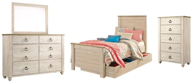 Signature Design by Ashley® Willowton 4-Piece Whitewash Twin Youth Panel Storage Bed Set-0