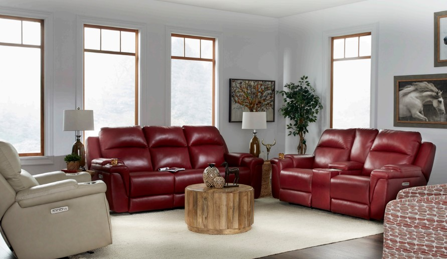 Living Room Red Leather Reclining Loveseat With Console