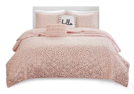 Olliix by Intelligent Design Zoey Blush and Rose Gold Twin/Twin Extra Large Metallic Printed Coverlet Set