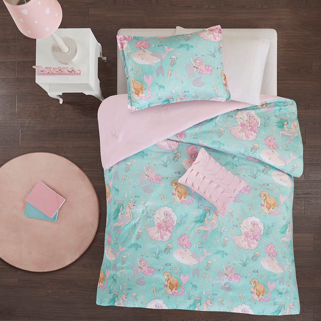 Olliix by Mi Zone Kids Darya Aqua and Pink Full/Queen Printed Mermaid Comforter Set-2