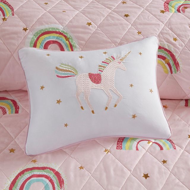 Olliix by Mi Zone Kids Alicia Pink Full/Queen Rainbow with Metallic Printed Stars Reversible Coverlet Set-3
