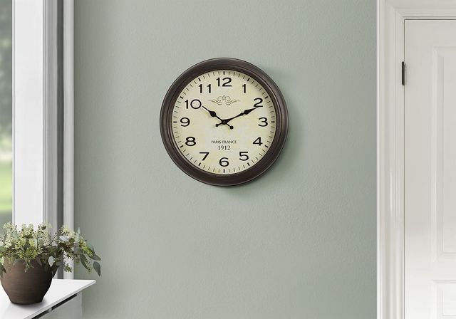 Monarch Specialties Inc. Antique Brown 16" Round Wall Clock with Standard Numbers on Beige Backgroun-2