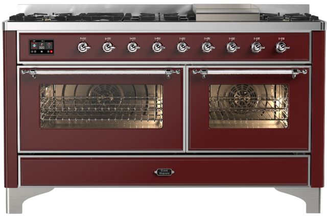 Ilve® Majestic III 60" Burgundy Pro Style Dual Fuel Liquid Propane Range with Triple Glass Door and Chrome Trim-0