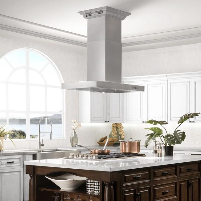 ZLINE CrownSound™ 42" Stainless Steel Ducted Vent Island Mount Range Hood with Built-in Bluetooth Speakers-1