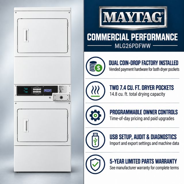 Maytag Commercial MLG26PDFWW Two-Pocket Dual-Coin Gas Stacked Dryer, 14.8 Cu. Ft. Total Capacity, White-3