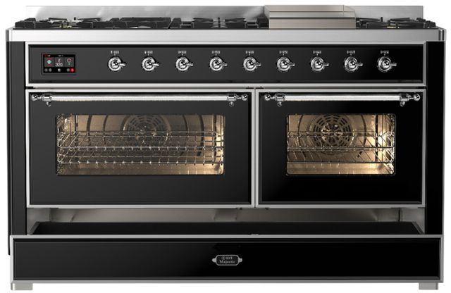 Ilve® Majestic III 60" Glossy Black Pro Style Dual Fuel Natural Gas Range with Triple Glass Door and Chrome Trim-1