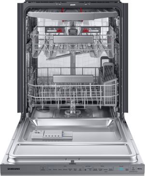 Front view of the opened Samsung 24" Fingerprint Resistant Stainless Steel Top Control Built In Dishwasher