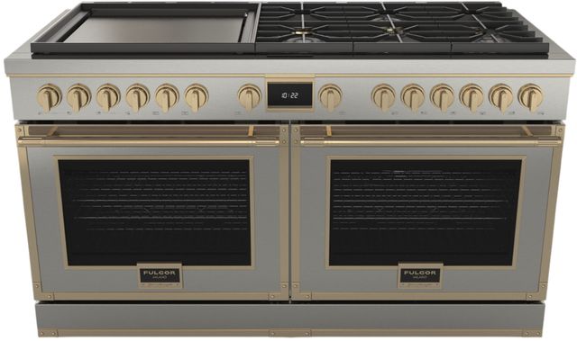 Fulgor Milano® Evoque 400 Series 60" Stainless Steel Pro Style Dual Fuel Hybrid Range with Brushed Brass Trim -0