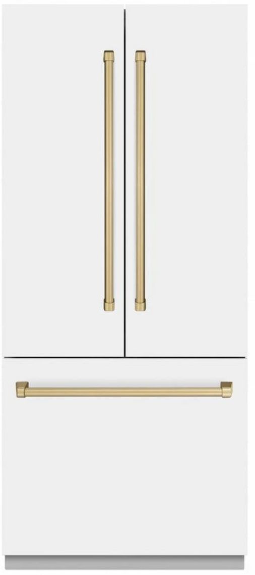 ZLINE Autograph Edition 36" 19.6 Cu. Ft. White Matte Built-In French Door Refrigerator with Champagne Bronze Accents-0