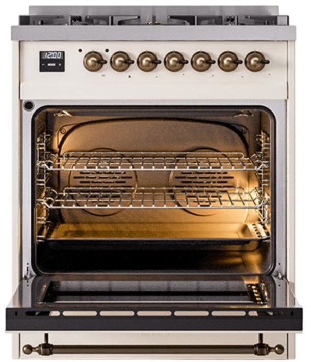 Ilve® Nostalgie II Noblesse 30'' Antique White Pro Style Dual Fuel Range with Burnished Trim-1