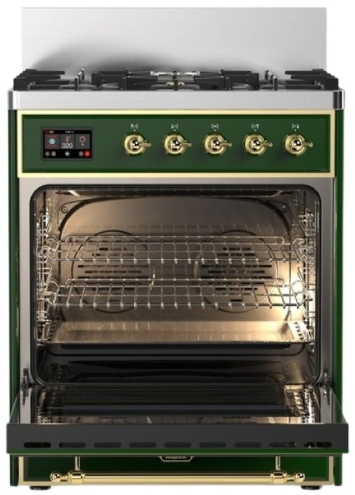 Ilve® Majestic III 30" Emerald Green Pro Style Dual Fuel Natural Gas Range with Solid Door and Brass Trim-1