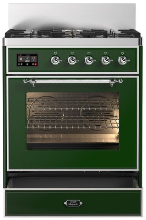 Ilve® Majestic III 30" Emerald Green Pro Style Dual Fuel Natural Gas Range with 5 Black Brass Burners and Chrome Trim-0
