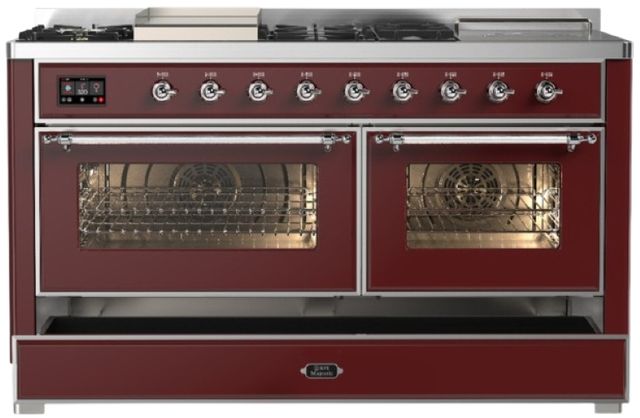 Ilve® Majestic III 60" Burgundy Pro Style Dual Fuel Liquid Propane Range with French Top and Chrome Trim-2