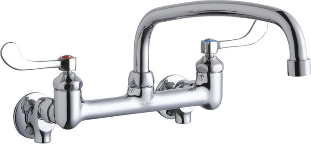 Elkay Chrome Foodservice 8" Centerset Wall Mount Faucet with 12" Arc Tube Spout, 4" Wristblade Handles and Offset Inlets Stop-0