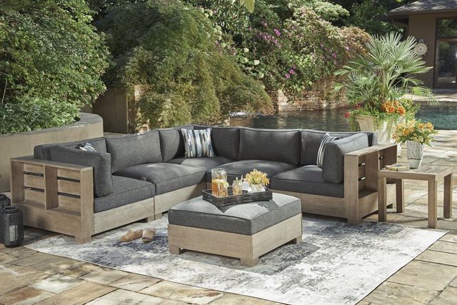 Signature Design by Ashley® Citrine Park Brown/Charcoal Fabric/Wooden Outdoor Ottoman with Cushion-3