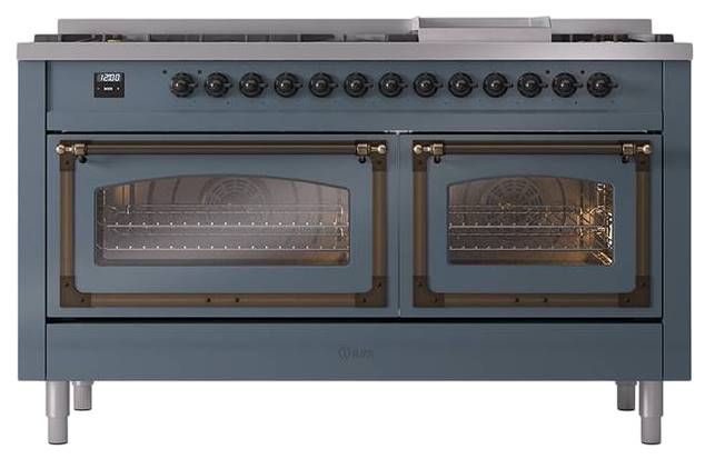 Ilve® Nostalgie II Noblesse 60'' Blue Gray Pro Style Dual Fuel Range with Burnished Trim-1