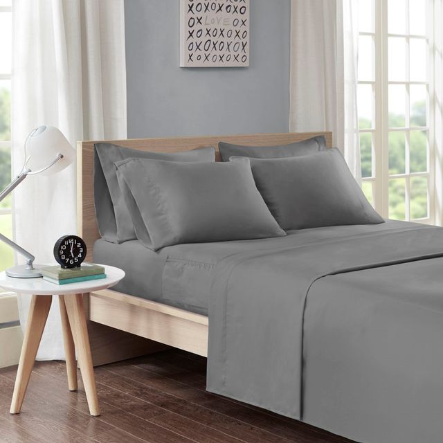Olliix by Intelligent Design Microfiber Charcoal Queen Sheet Set with Side Storage Pockets-4