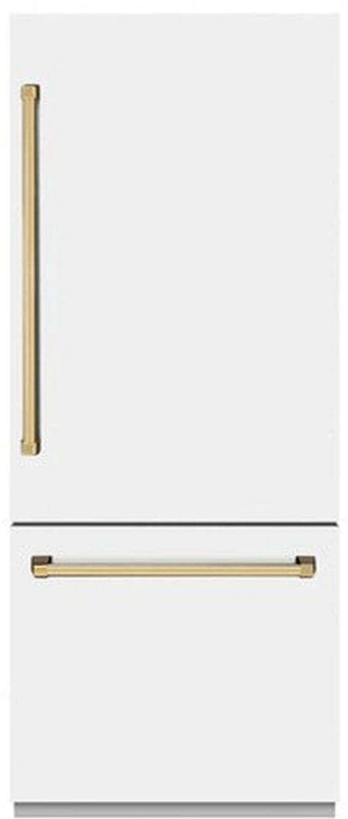 ZLINE Autograph Edition 30" 16.1 Cu. Ft. White Matte Built-In Bottom Freezer Refrigerator with Water Dispenser, Ice Maker, Graphite Gray Interior, and Polished Gold Accents-0