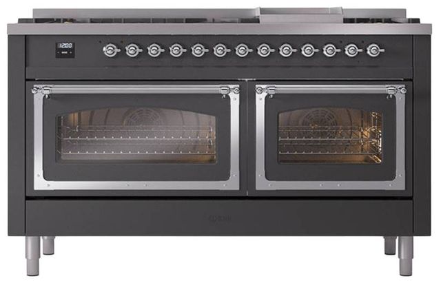 Ilve® Nostalgie II Noblesse 60'' Graphite Matte Pro Style Dual Fuel Range with Chrome Trim-1