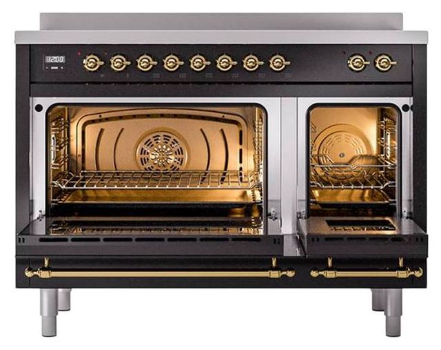 Ilve® Nostalgie II Noblesse 48'' Glossy Black Pro Style Induction Range with Brass Trim-2