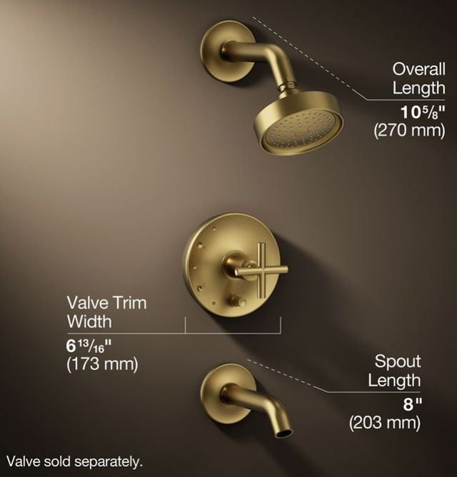 KOHLER® Purist® Rite-Temp® Vibrant Brushed Moderne Brass 2.5 GPM Bath and Shower Trim Kit with Push-Button Diverter and Cross Handle-2