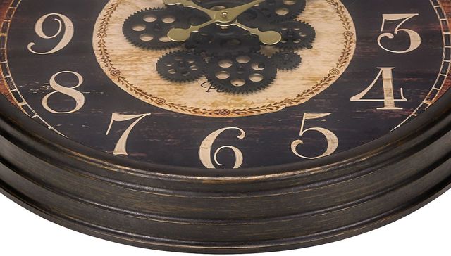 Monarch Specialties Inc. Brown 24" Round Wall Clock with Standard Numbers on Beige/Black Background-1