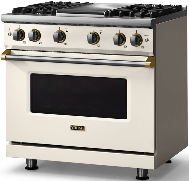 Viking® 5 Series 36" Pure White Pro Style Gas (LP) Range with Brushed Brass Trim-2