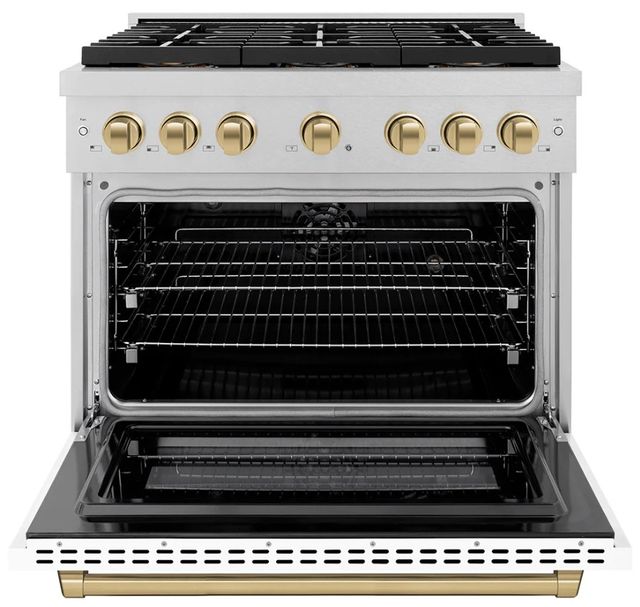 ZLINE Autograph Edition Paramount 36" 5.2 Cu. Ft. Satin Stainless Steel Dual Fuel Range with 6 Burner DuoPro™ Cooktop and Electric Convection Oven with White Matte Door and Champagne Bronze Accents-3