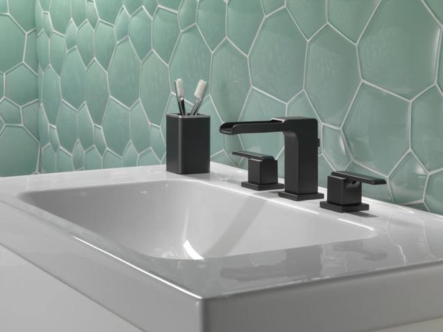 Delta Ara® Matte Black 2-Handle Widespread Channel Bathroom Faucet with Drain-2