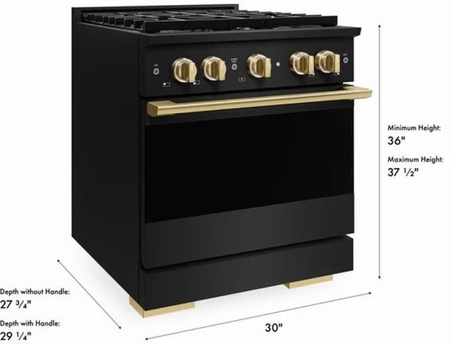 ZLINE Marino 30" Black Stainless Steel Pro Style Dual Fuel Range with 4-Burner DuoPro™ Cooktop and Electric Convection Oven and Polished Gold Accents-2