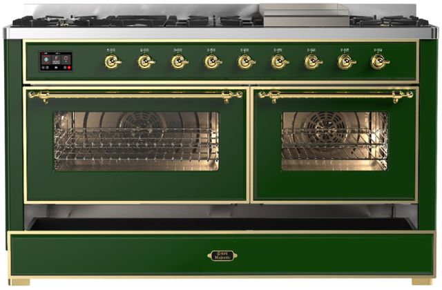 Ilve® Majestic III 60" Emerald Green Pro Style Dual Fuel Natural Gas Range with Triple Glass Door and Brass Trim-1