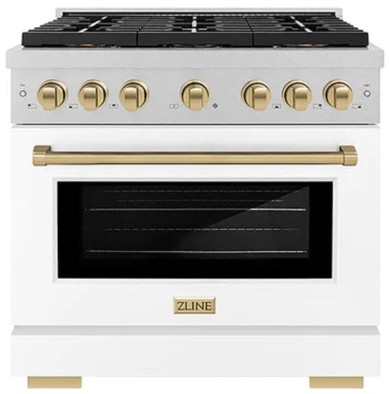 ZLINE Autograph Edition Paramount 36" 5.2 Cu. Ft. Satin Stainless Steel Gas Range with 6 Burner DuoPro™ Cooktop, Convection Gas Oven, White Matte Door and Champagne Bronze Accents-0