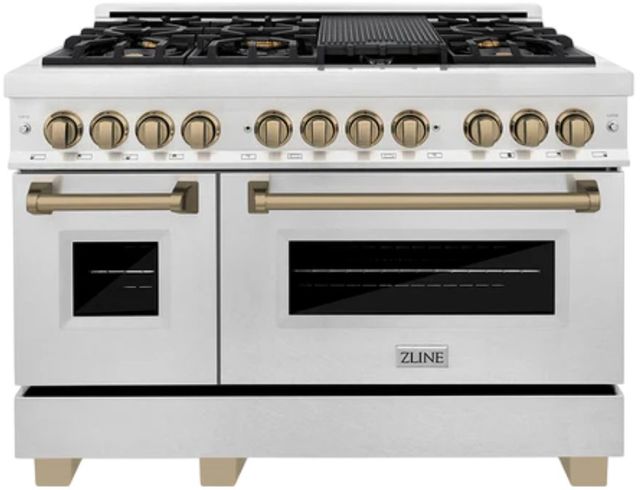 ZLINE Autograph Edition 48" Satin Stainless Steel Pro-Style Dual Fuel Range with Two Electric Ovens and Champagne Bronze Accents-0