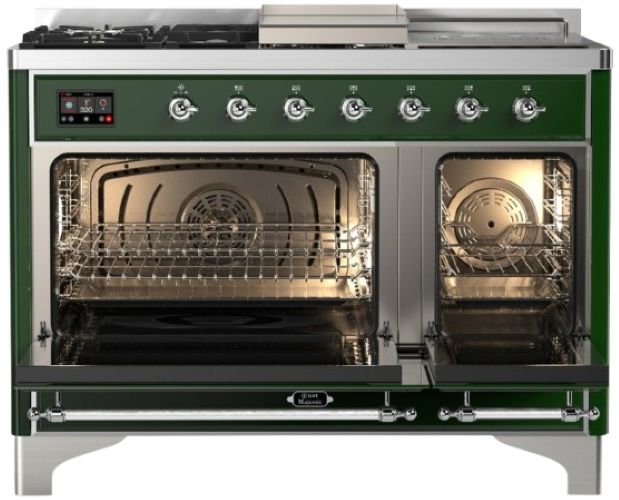 Ilve® Majestic III 48" Emerald Green Pro Style Dual Fuel Liquid Propane Range with French Top and Chrome Trim-1