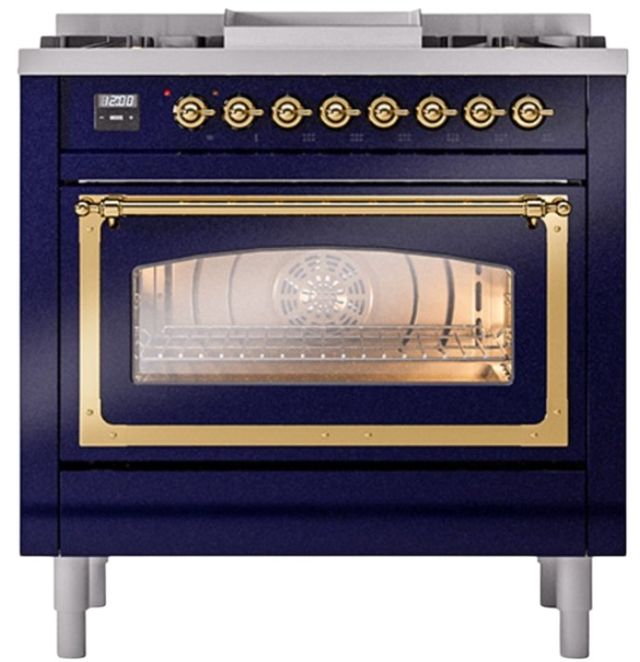 Ilve® Nostalgie II Noblesse 36'' Midnight Blue Pro Style Dual Fuel Range with Brass Trim-1