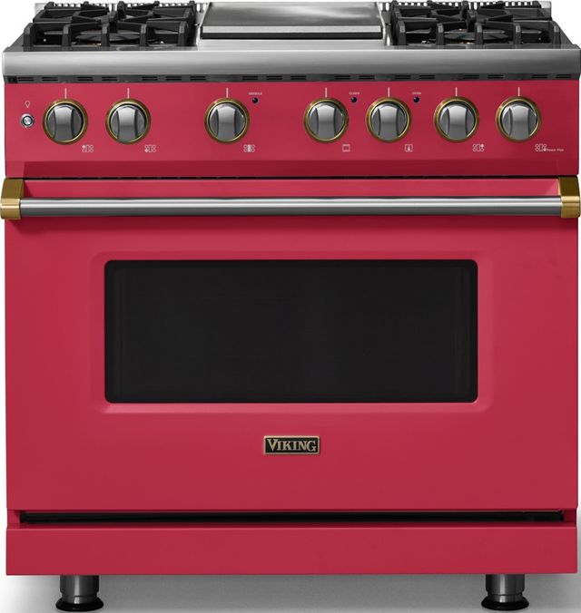 Viking® 5 Series 36" Valentine Pro Style Dual Fuel (LP) Range with Brushed Brass Trim-0