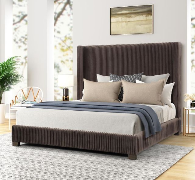 Bernards Milo Brown Pleated Upholstered Queen Panel Bed-1