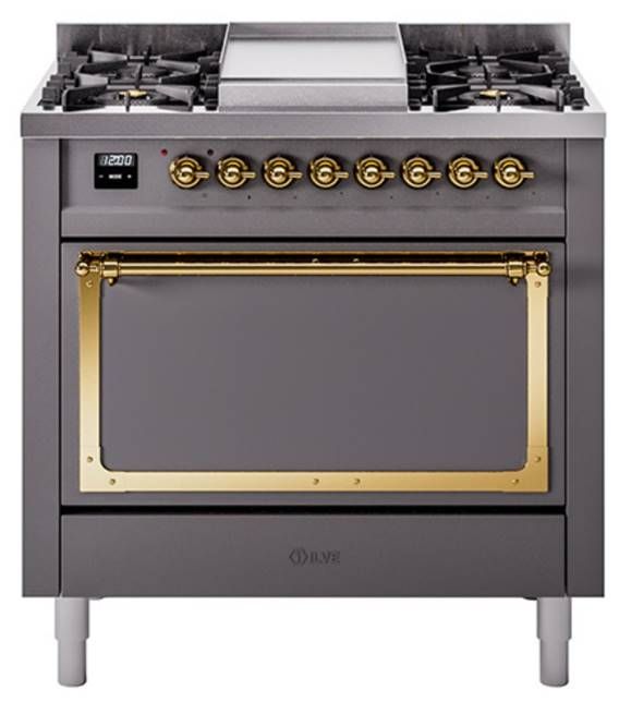 Ilve® Nostalgie II Noblesse 36'' Graphite Matte Pro Style Dual Fuel Range with Brass Trim-0
