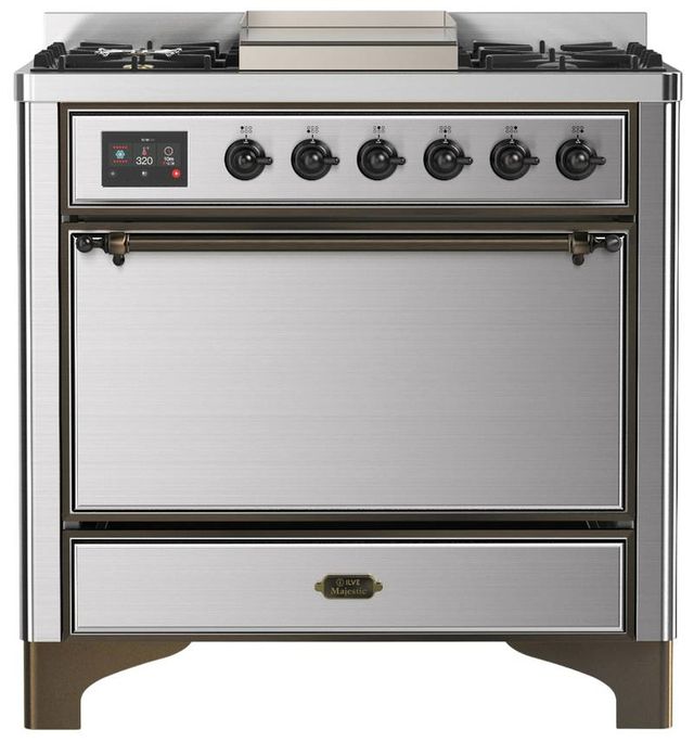 Ilve® Majestic III 36" Stainless Steel Pro Style Dual Fuel Liquid Propane Range with Solid Door and Burnished Trim-0