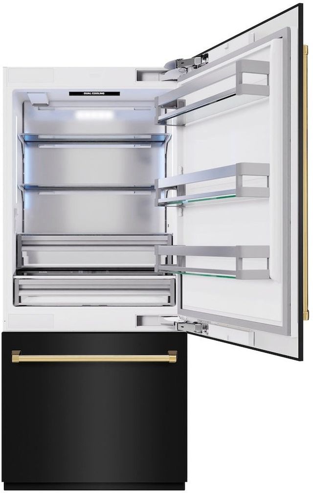 ZLINE Autograph Edition 36" 19.8 Cu. Ft. Black Stainless Steel Built-In Bottom Freezer Refrigerator with Water Dispenser, Ice Maker and Polished Gold Accents-2