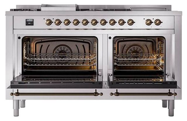 Ilve® Nostalgie II Noblesse 60'' Stainless Steel Pro Style Dual Fuel Range with Burnished Trim-1
