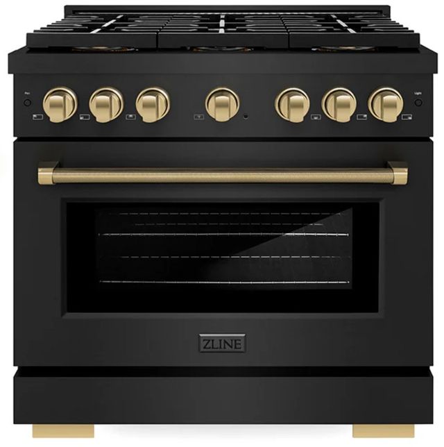 ZLINE Autograph Edition Paramount 36" 5.2 Cu. Ft. Black Stainless Steel Gas Range with 6 Burner DuoPro™ Cooktop and Convection Gas Oven with Champagne Bronze Helix Handle and Accents-0