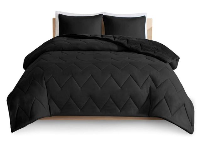 Olliix by Intelligent Design Kai Black King Quilted Reversible Microfiber to Cozy Plush Comforter Set-0
