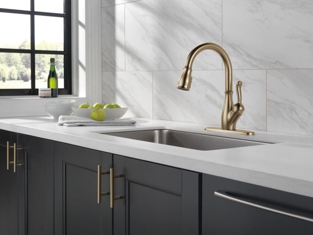 Delta Leland® Champagne Bronze Single Handle Kitchen Faucet with ShieldSpray®-1