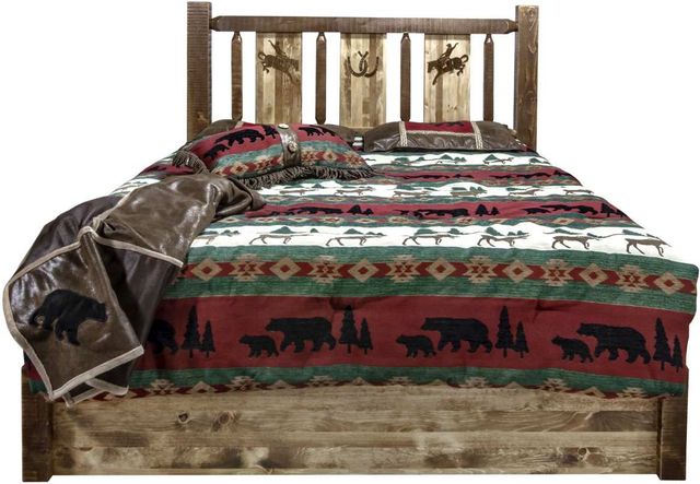 Montana Woodworks® Homestead Stain & Clear Lacquer Twin Platform Storage Bed with Laser Engraved Bronc Design-1