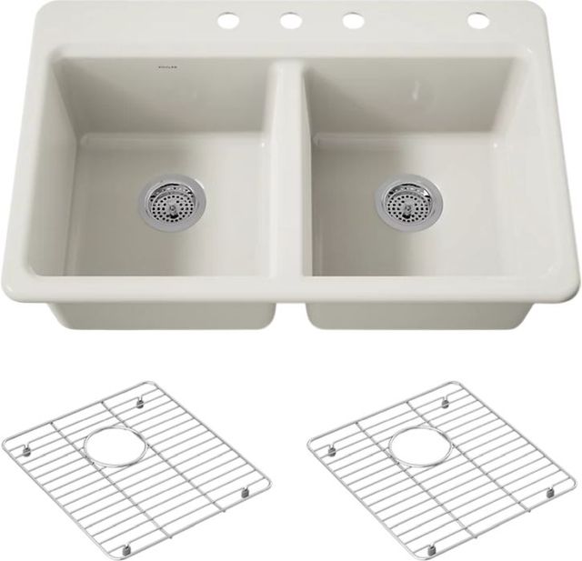 KOHLER® Riverby® Biscuit 33" 4-Faucet Hole Top-Mount Double-Equal Bowl Kitchen Sink-0