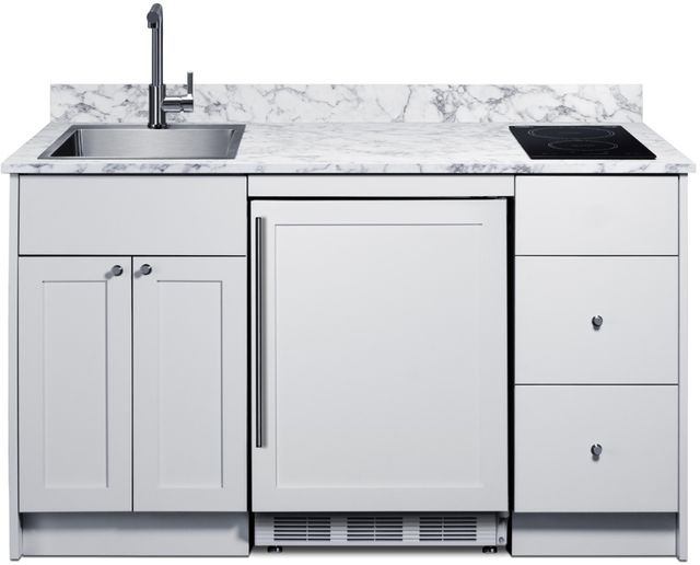 Summit® TurnKey Caldera 63" White Kitchenette with 5 Cu. Ft. Built-In Under the Counter Refrigerator, Induction Cooktop, and Stainless Steel Sink with Faucet -1