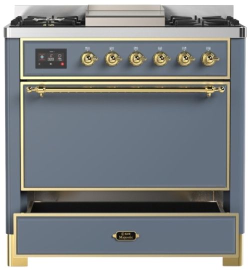Ilve® Majestic III 36" Blue Gray Pro Style Dual Fuel Natural Gas Range with Solid Door and Brass Trim-2